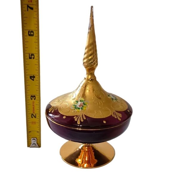 Ardalt Covered Dish Italy Gold Floral Amethyst Glass Gold Handpainted Vintage. - Picture 4 of 16